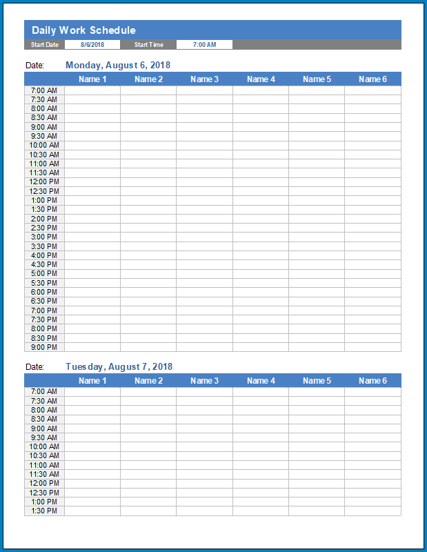 Printable Daily Work Schedule Template (Excel) Printable Daily Work Schedule Template (Excel)