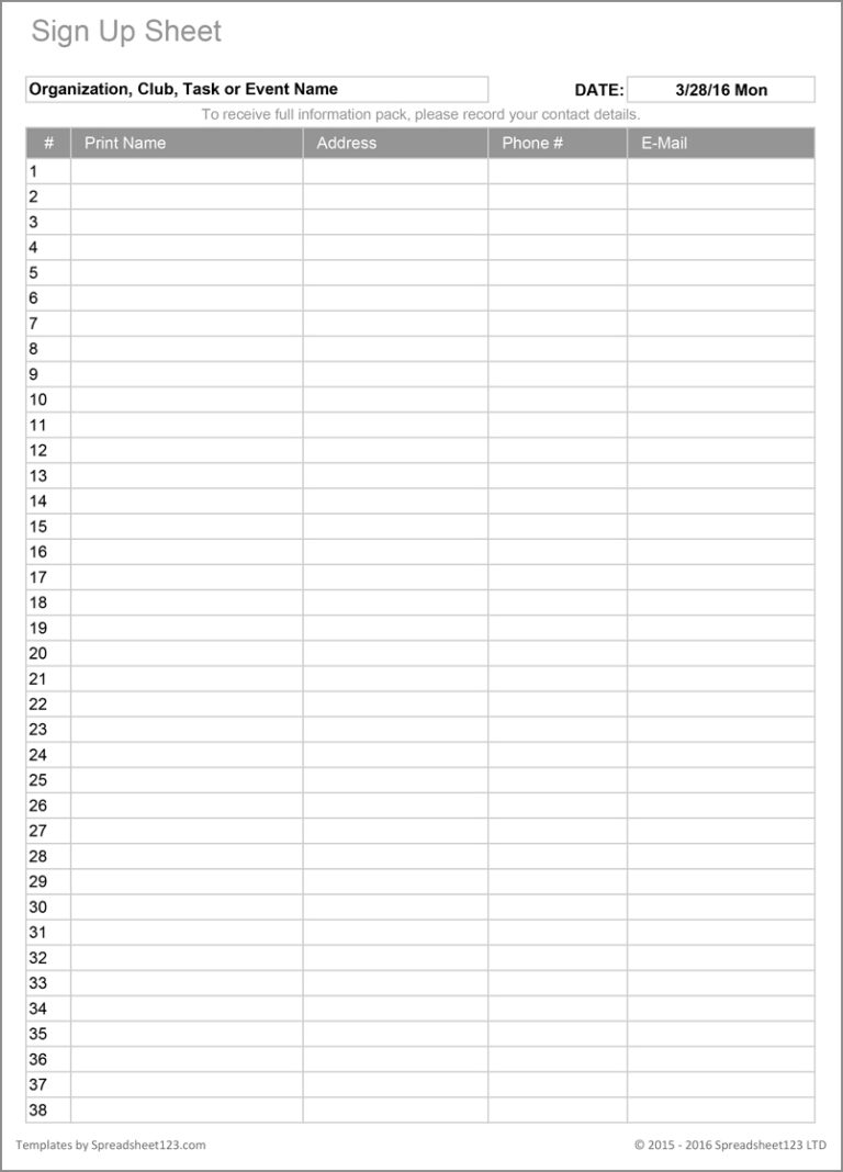 Free Printable Blank Signup Sheet Template