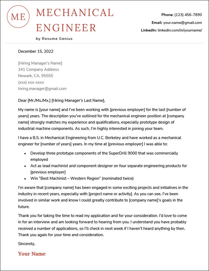 Engineers Cover Letter Template