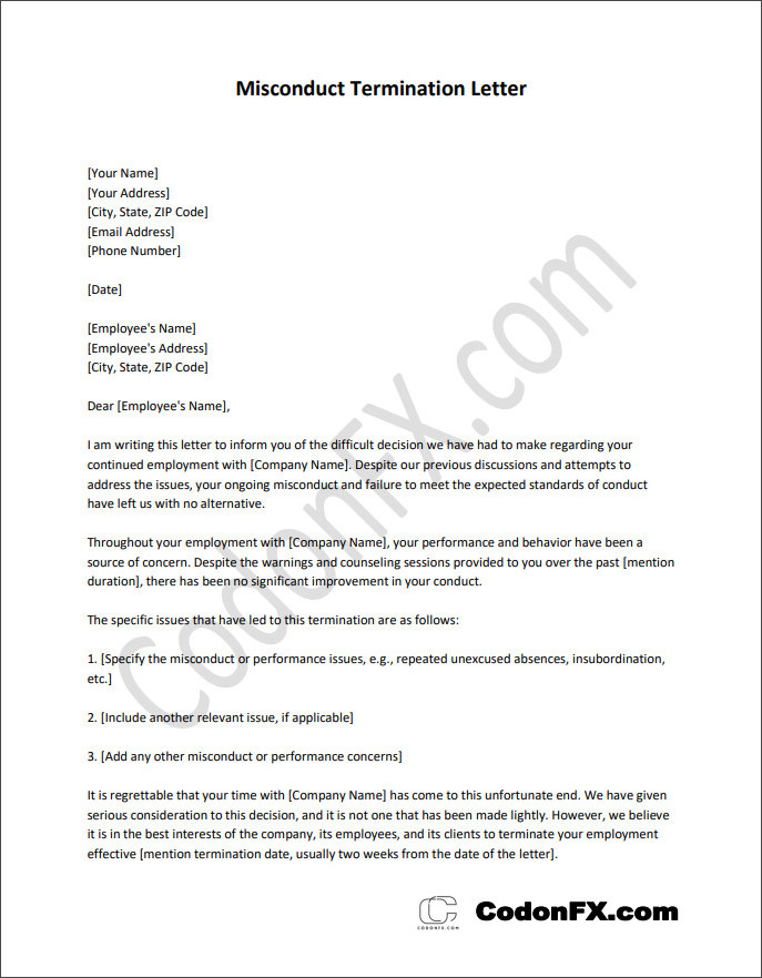 Misconduct Termination Letter Template (With Sample)