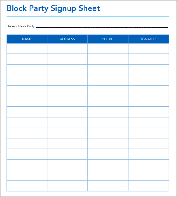 Party Signup Sheet Template