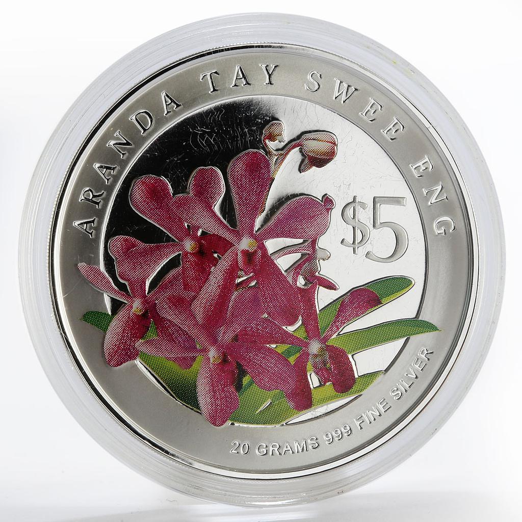 Singapore 5 dollars Flowers Aranda Tay Swee Eng colored silver proof