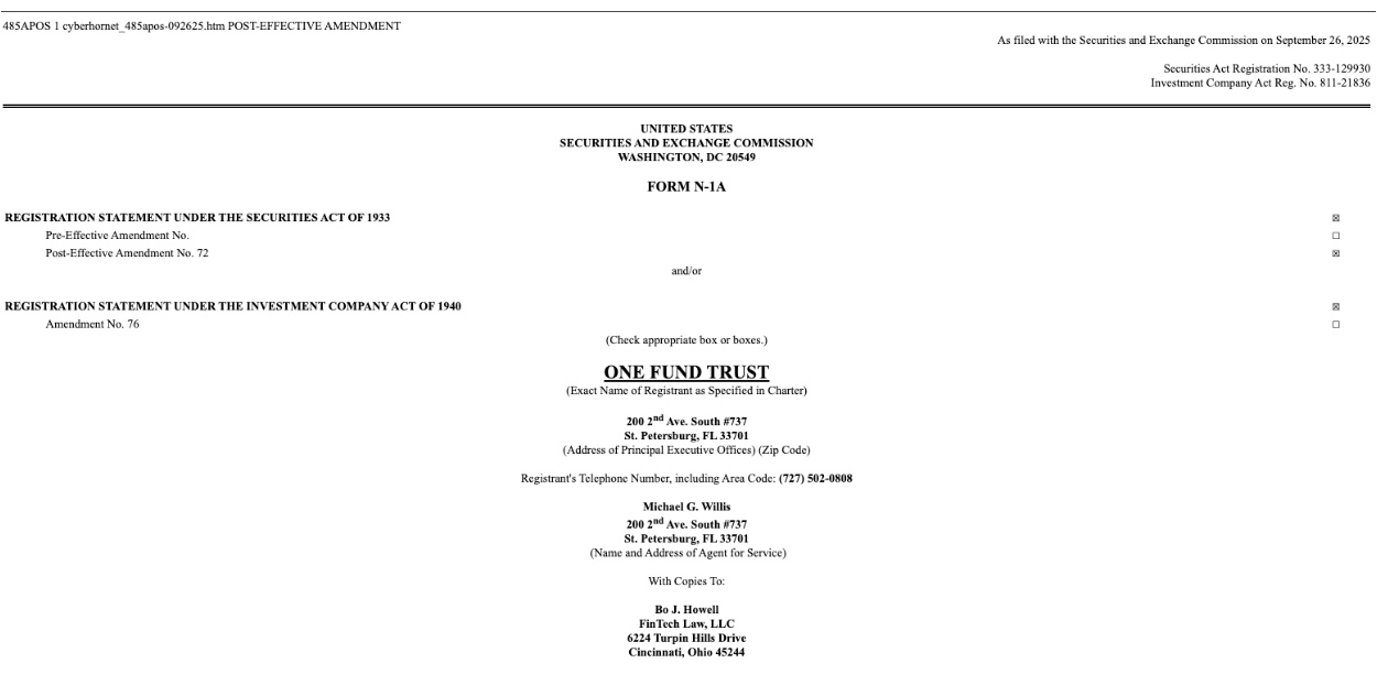 Cyber Hornet files FORM N-1A launch three ETFs combining S&P 500 stocks with Ether, Solana, and XRP futures | Source: SEC.gov