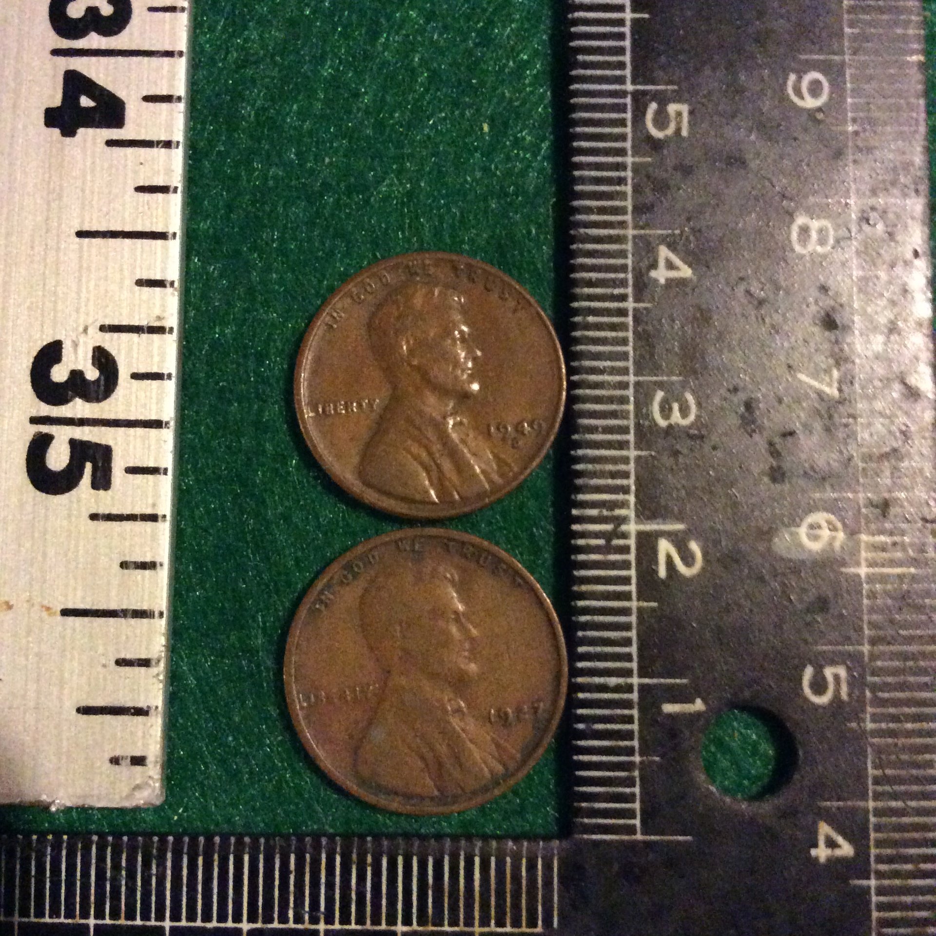 1949D with Penny 2.25 mm too small no obvious damage and 3.31555g