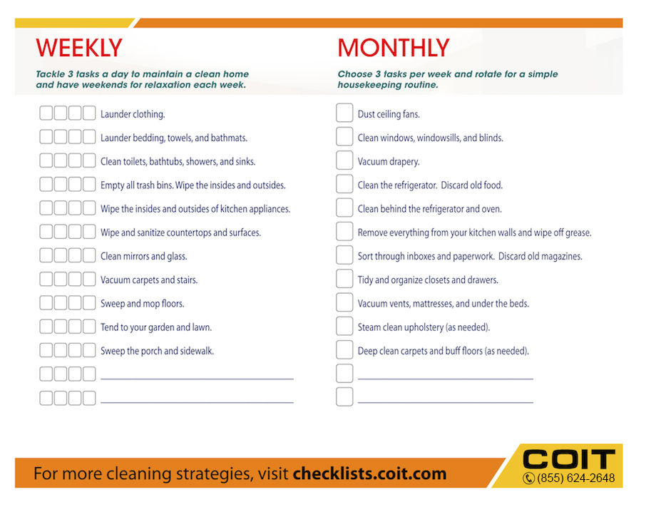 Weekly and Monthly House Cleaning Checklist COIT