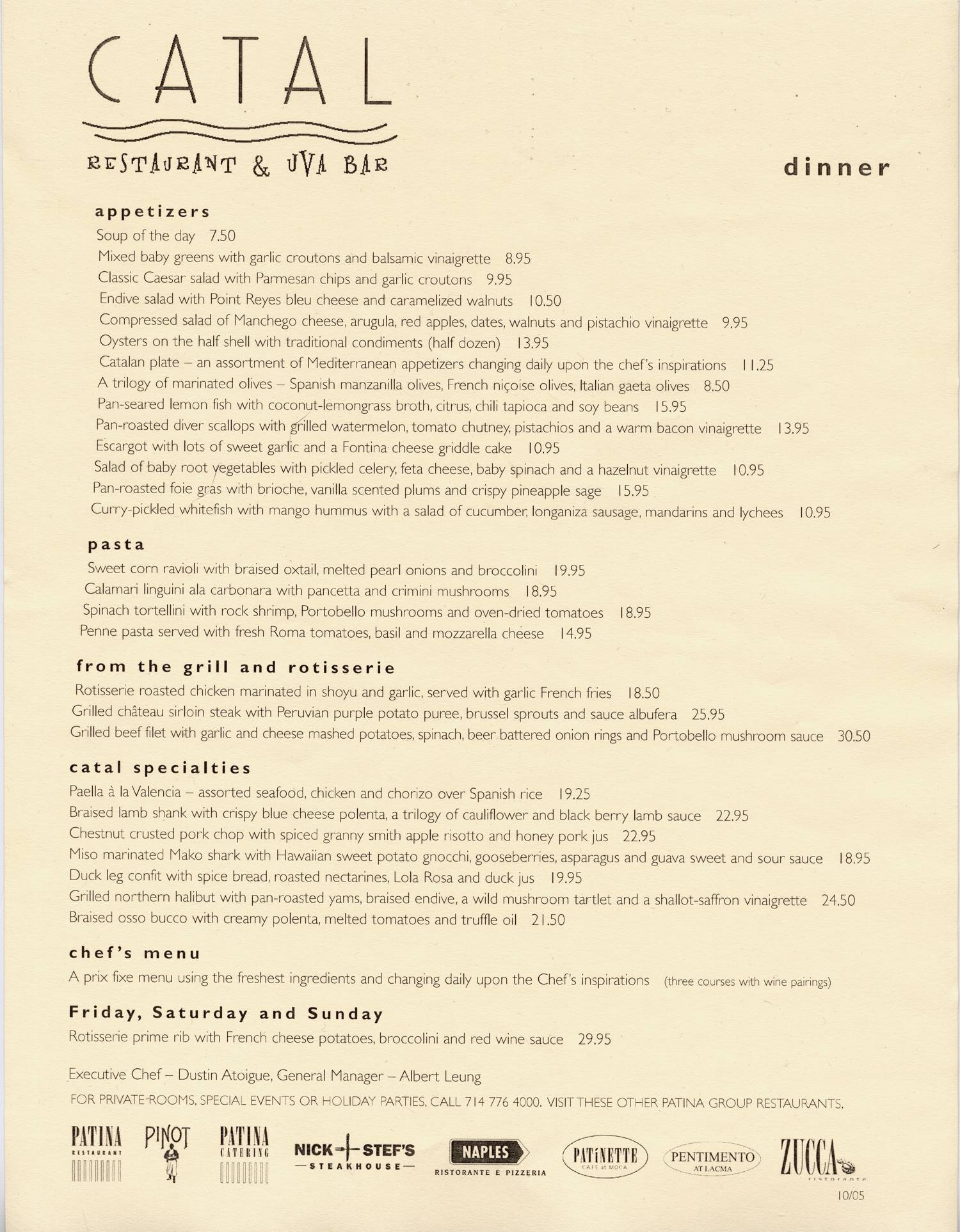 Catal Restaurant and Uva Bar menus for prior seasons