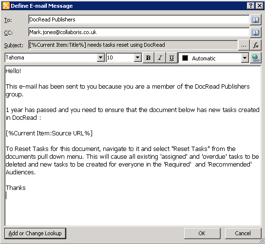 How to configure a yearly reminder on a SharePoint document Collaboris