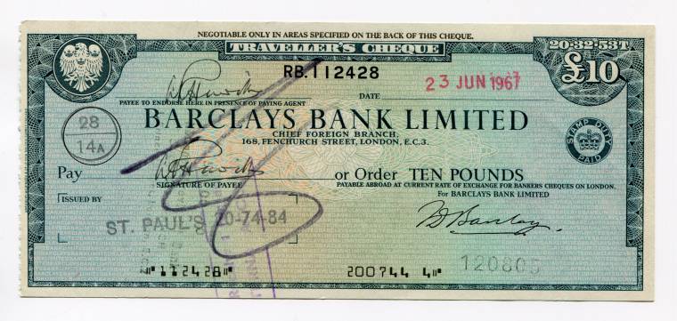 United Kingdom Barclays Bank Travellers Cheque dated 1967 for 10