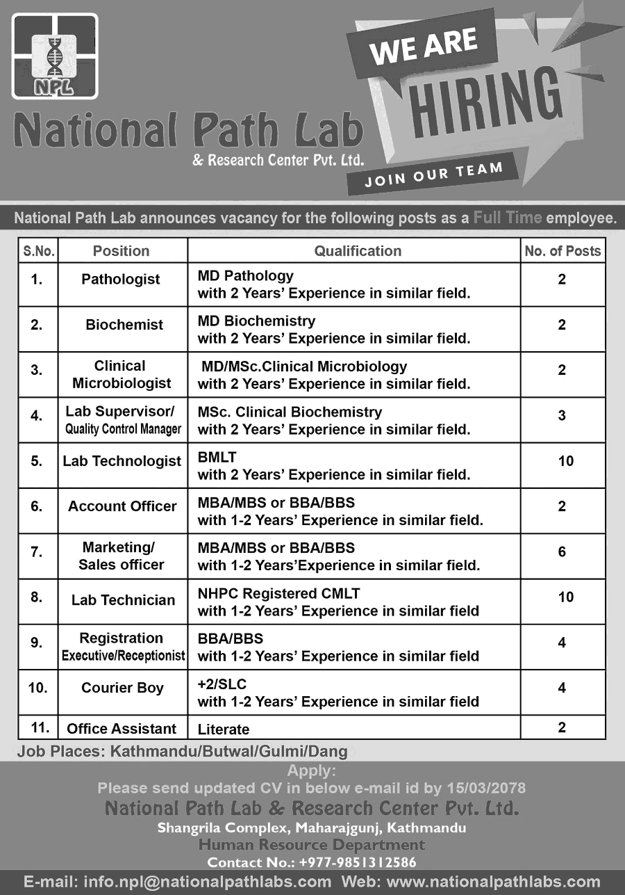 National Path Lab Job Vacancy for Various Positions Collegenp