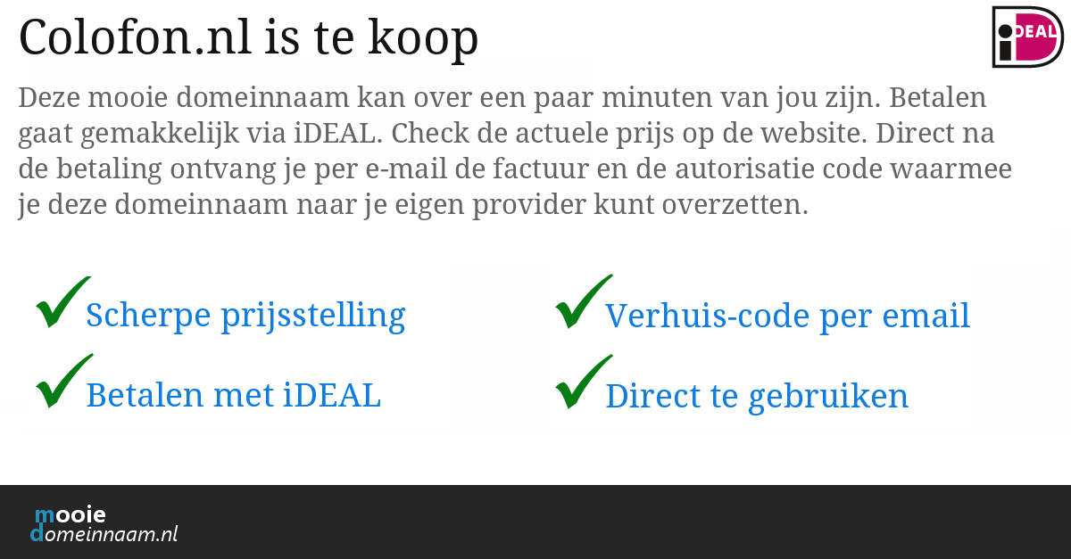 Domeinnaam Colofon.nl overnemen? Vraag een prijsopgave.