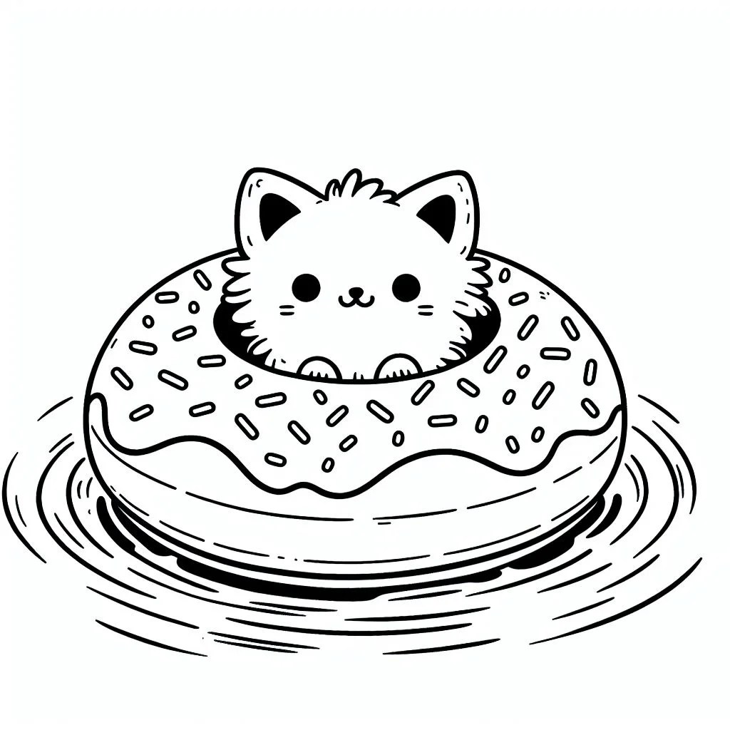 Kitten in Donut Float Coloring Pages