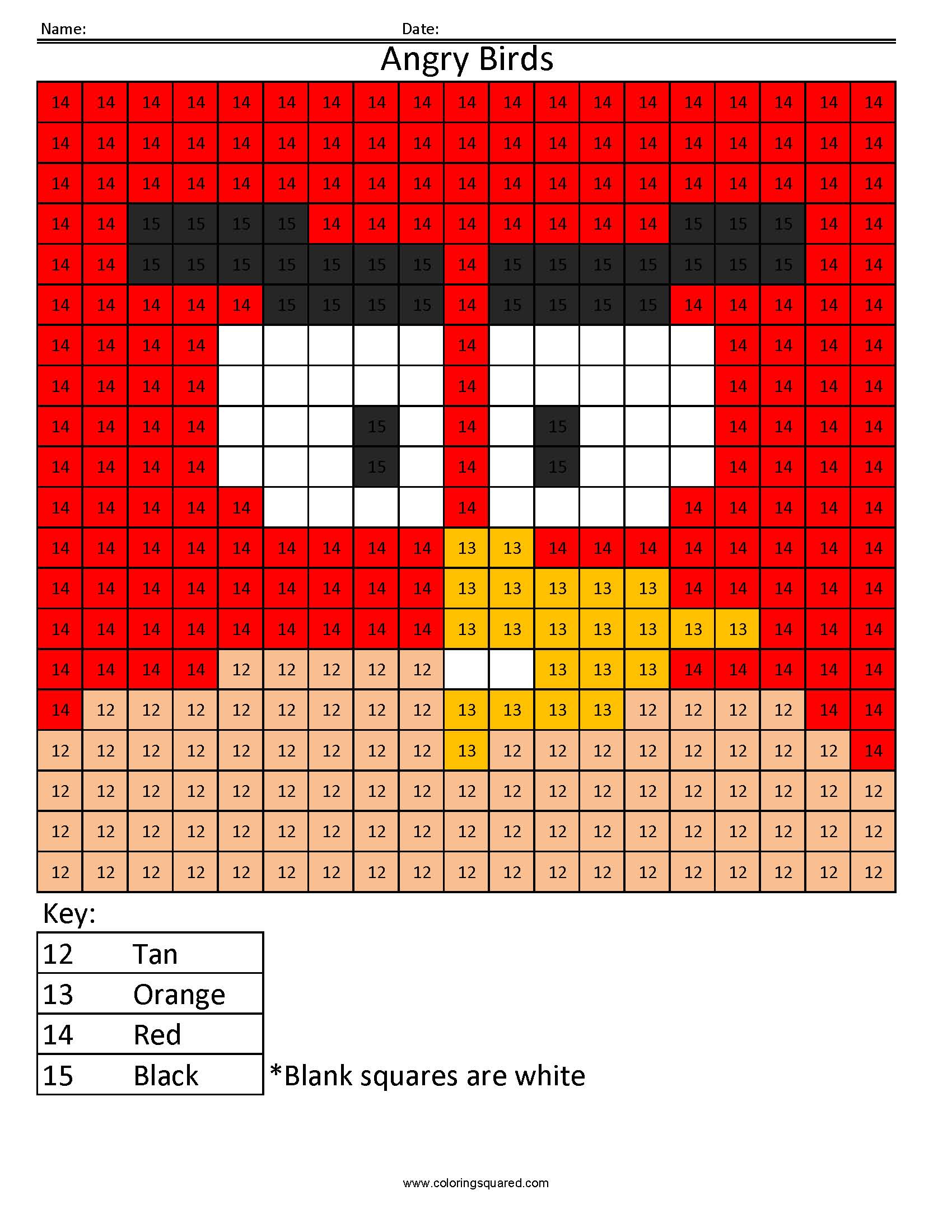 Angry Birds Color by Number Coloring Squared