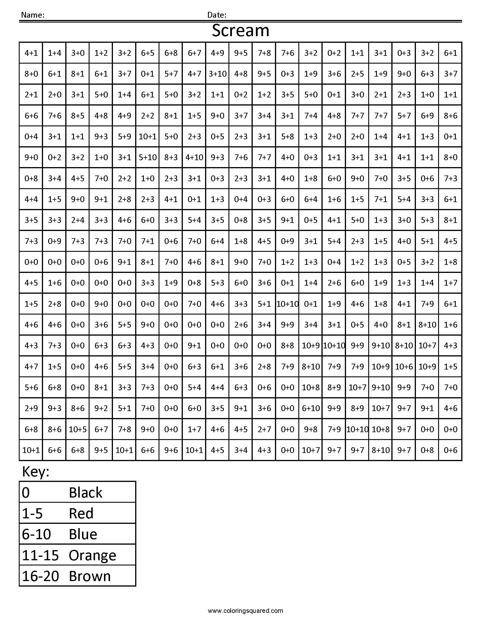 3DAC6 Scream fun addition math practice Coloring Squared