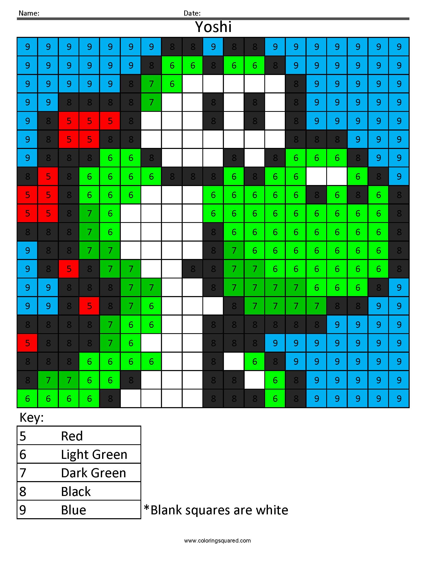 Yoshi Color by Number Coloring Squared