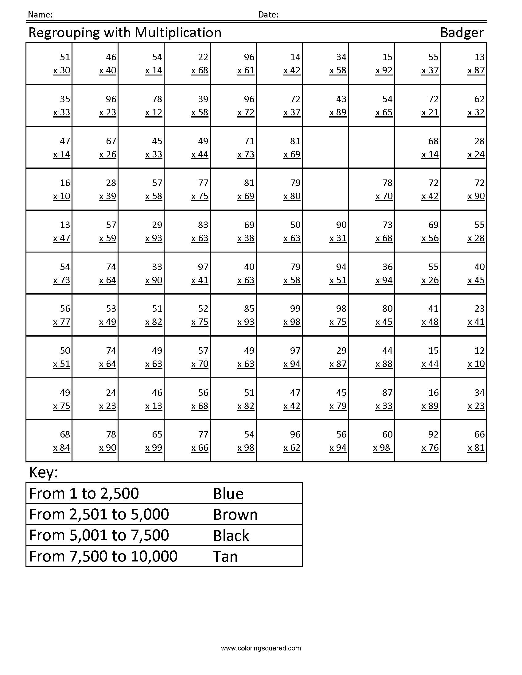 4G14 Multiplication Regrouping Badger 4th grade math Coloring Squared