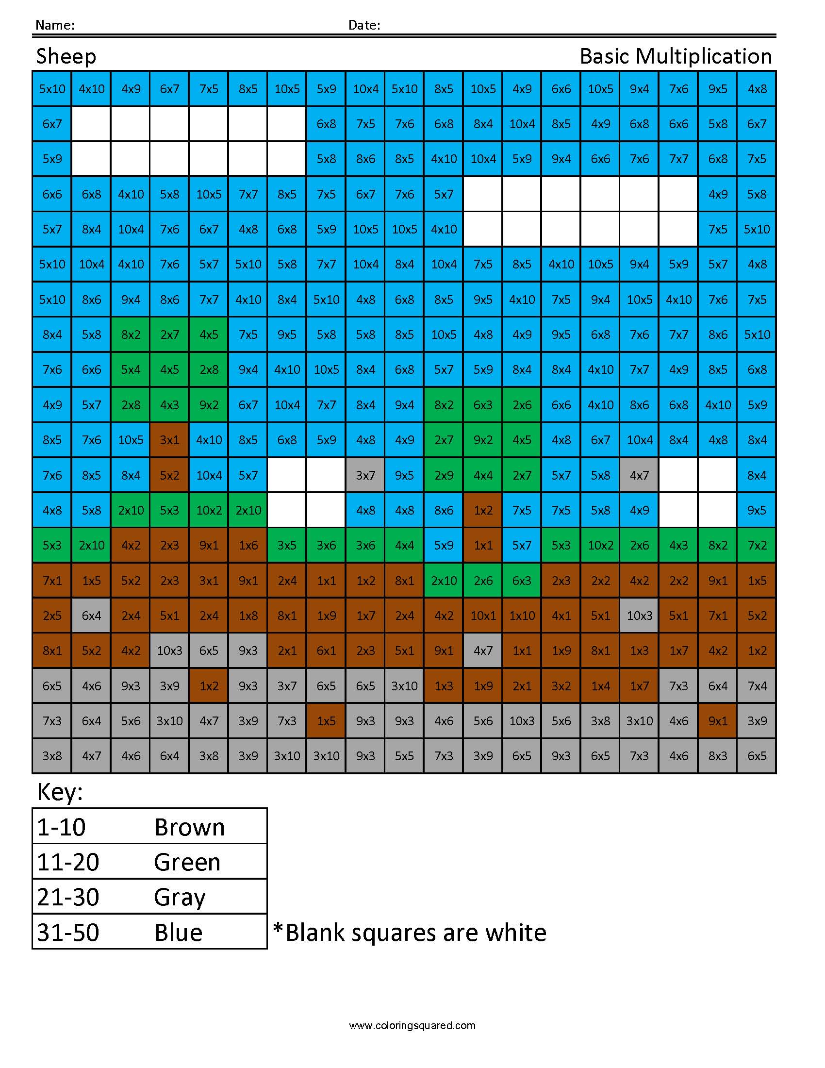 Sheep Scene Basic Multiplication Coloring Squared