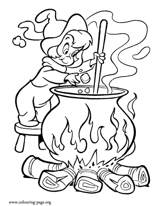 Halloween The little witch and her cauldron coloring page