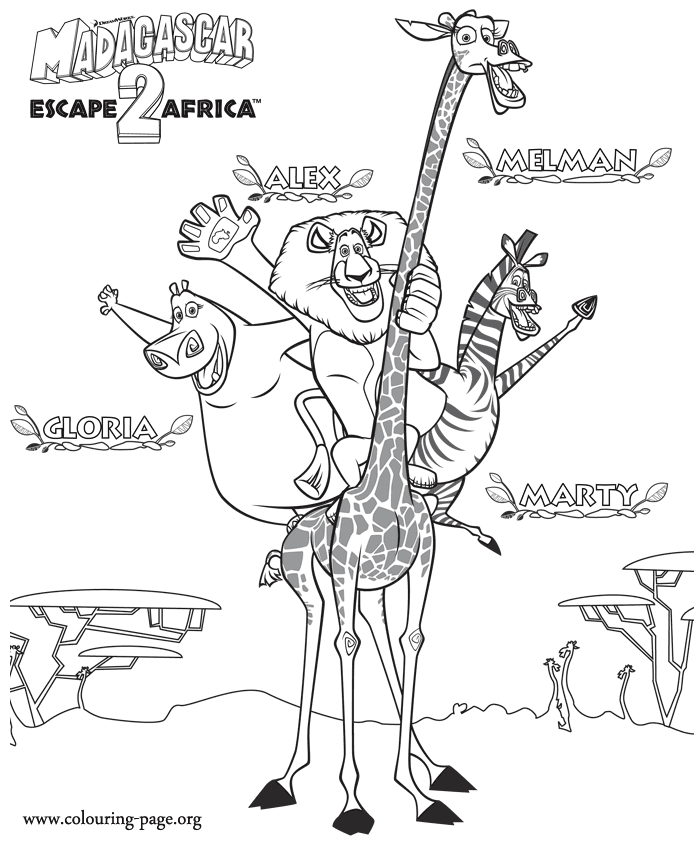 Madagascar Gloria, Alex, Melman and Marty coloring page