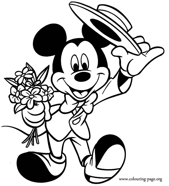 Mickey Mouse Mickey holding flowers coloring page