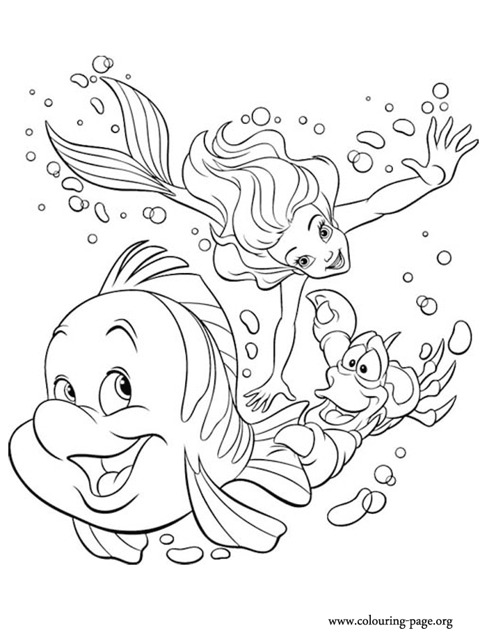 The Little Mermaid Princess Ariel, Sebastian and Flounder coloring page