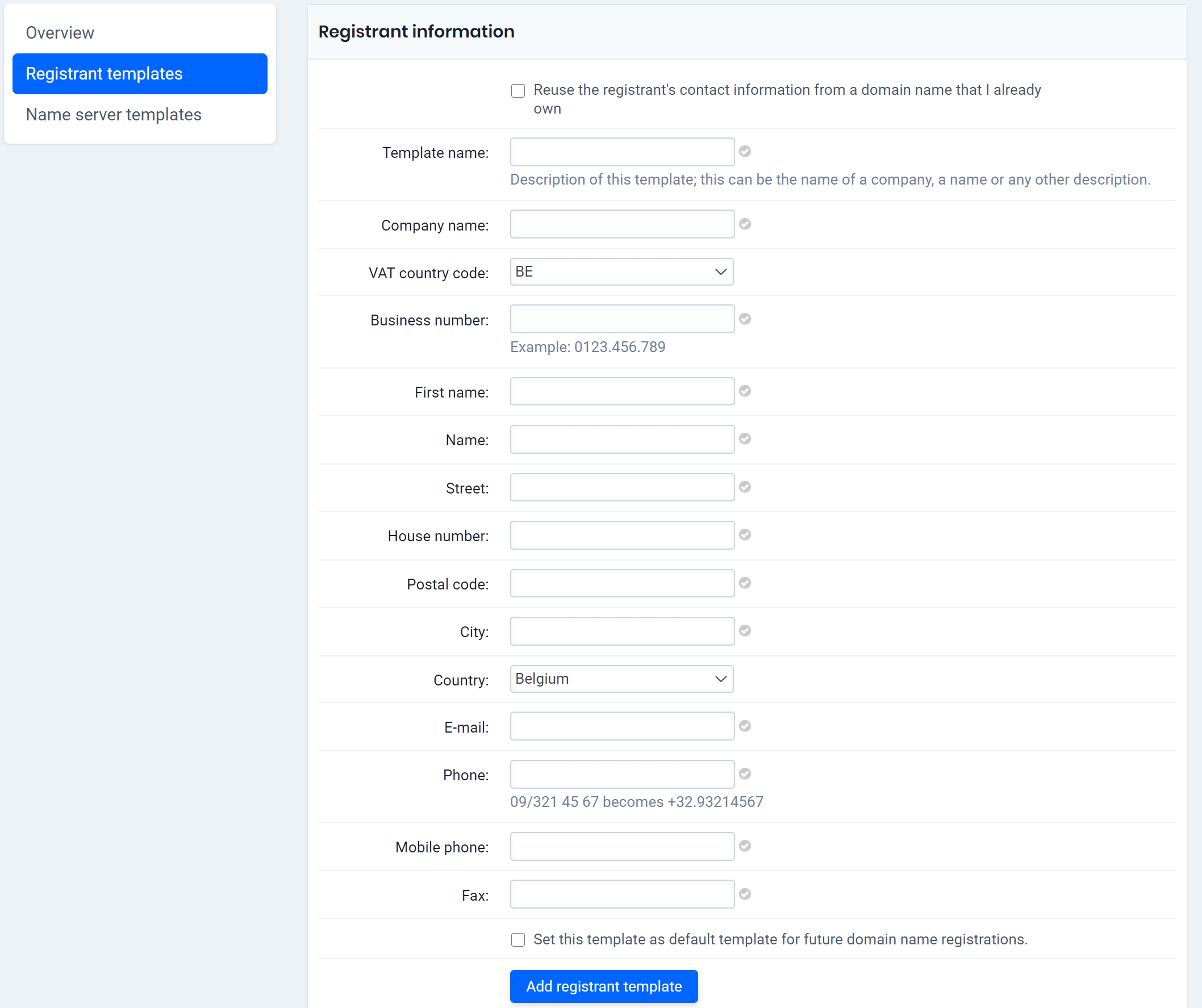 Templates for registry data and nameservers Combell support