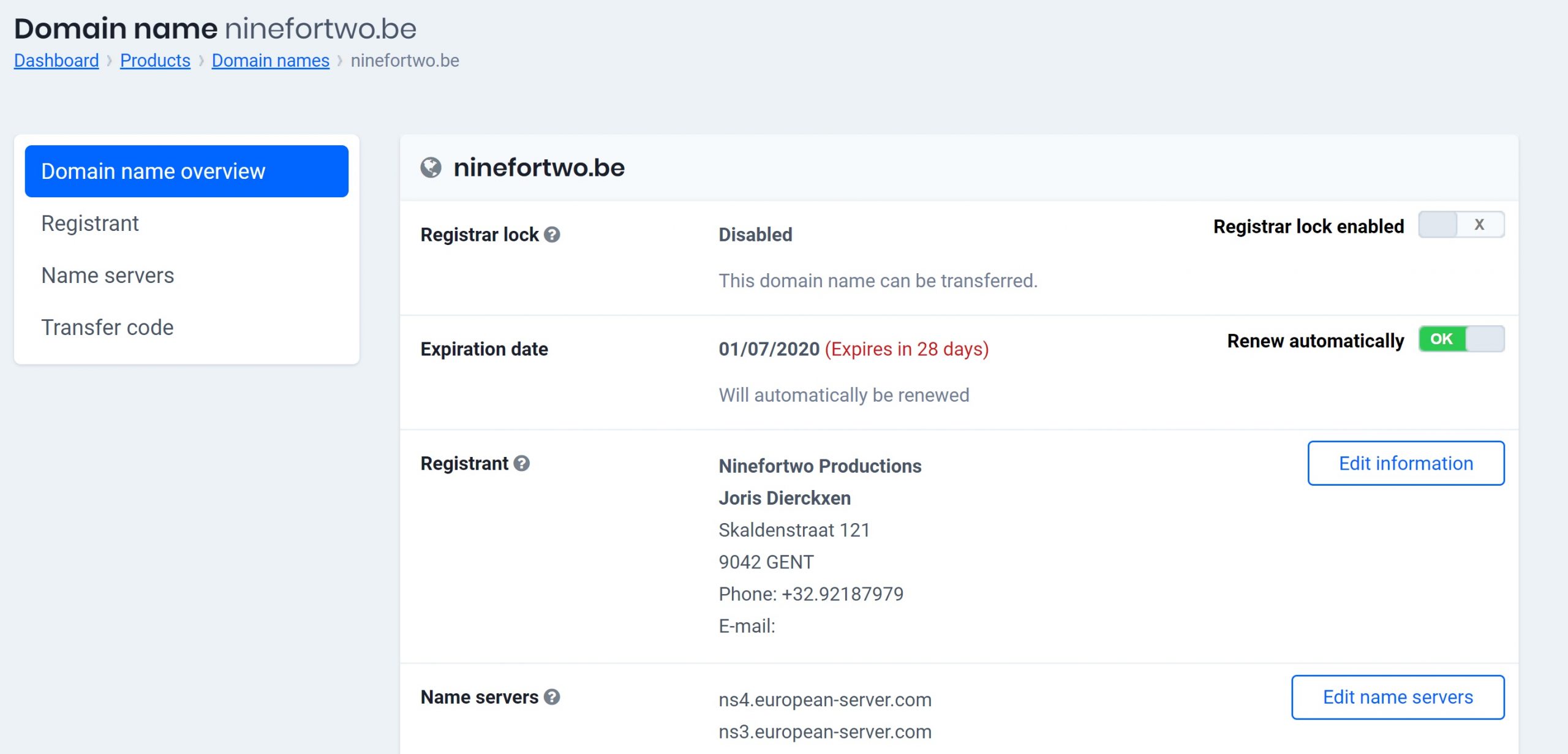 The Registrant information of my domain name Combell support