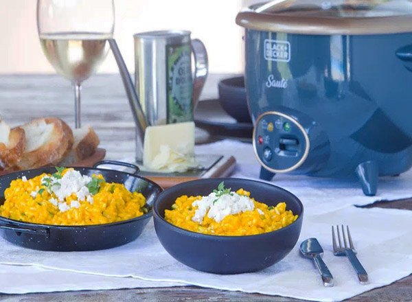 Risoto de abóbora com creme de queijo de cabra na panela elétrica