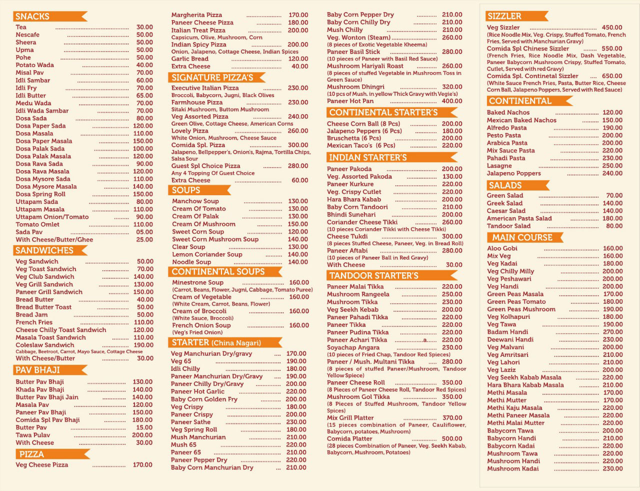 COMIDA MULTICUISINE RESTAURANT Menu