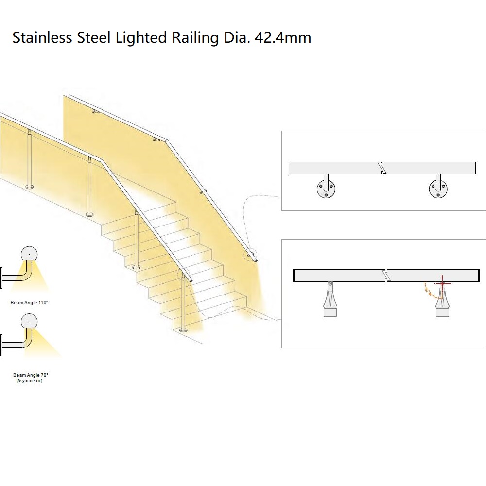 Stainless Steel LED Handrail Lighting System IP65 D42.4mm LED Handrail