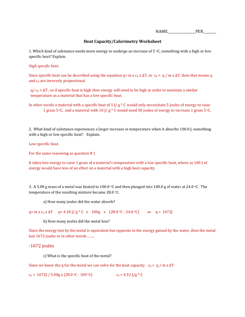 Specific Heats Of Common Materials Worksheet Answer Key