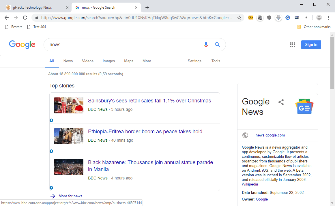 Cargar artículos de AMP en Google Chrome en el escritorio