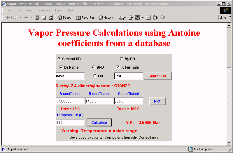 Vapor Pressure Calculations using Antoine Coefficients