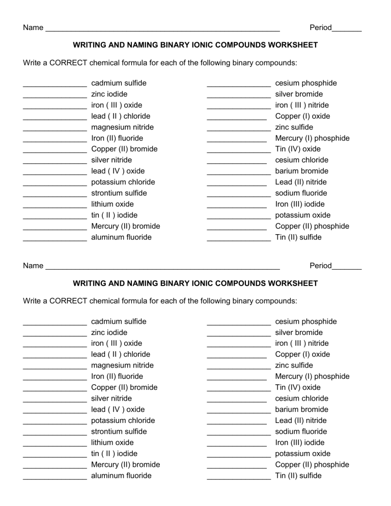 Writing And Naming Binary Ionic Compounds Worksheet Cadmium Sulfide