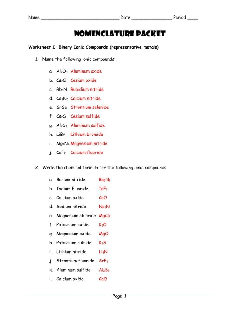 Ternary Ionic Compounds Worksheet Key