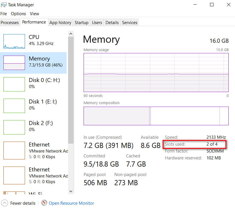 How to find out how many RAM slots are free and busy
