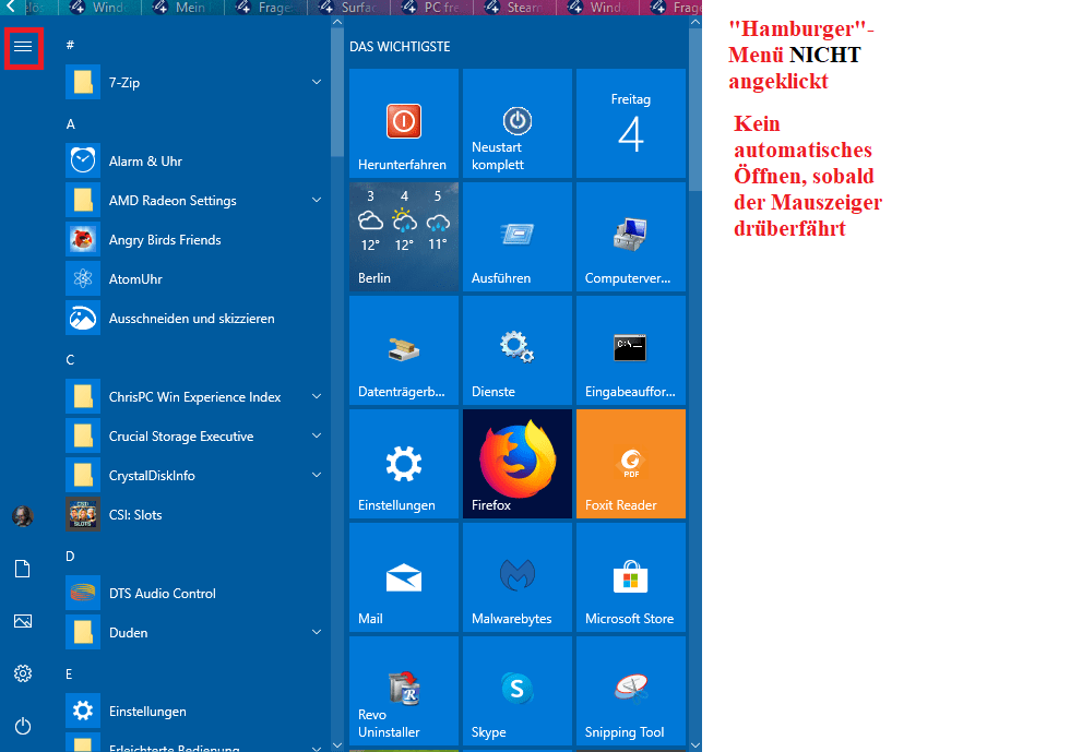 [Windows 10 1909] Automatisch erweiterte Navigationsansicht im Startmenü deaktivieren