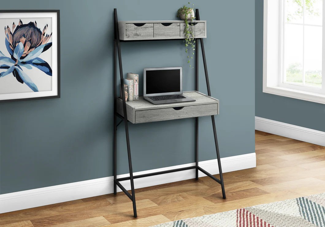 32" Gray Desk with Hutch & Drawers by Monarch