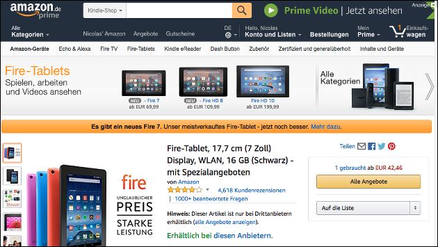Nur heute Amazon Fire Tablet ab 28 Euro als WarehouseDeal!