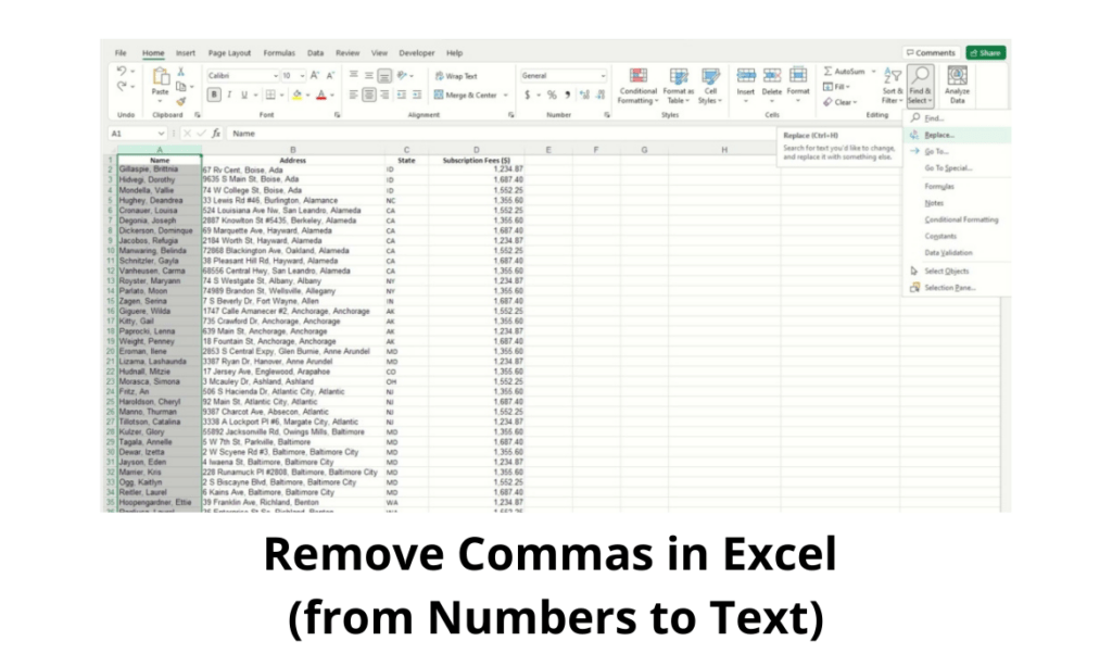 Remove Commas in Excel (from Numbers or Text)