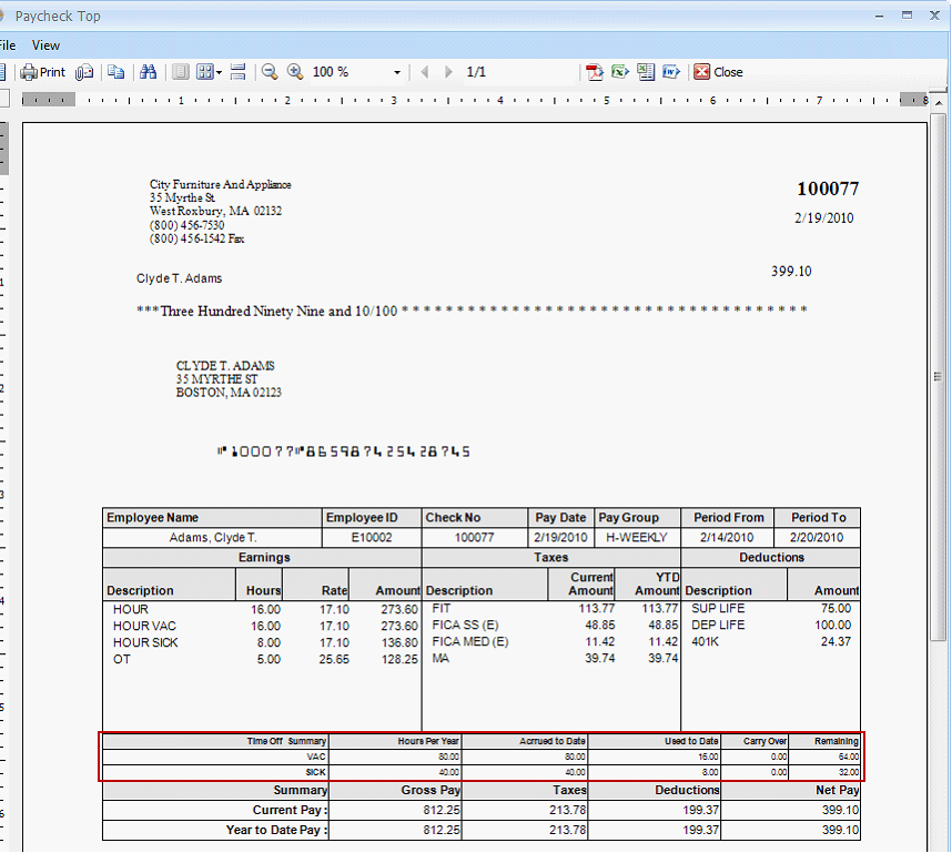 Payroll > Show TimeOff Accrual Info on Pay Stubs