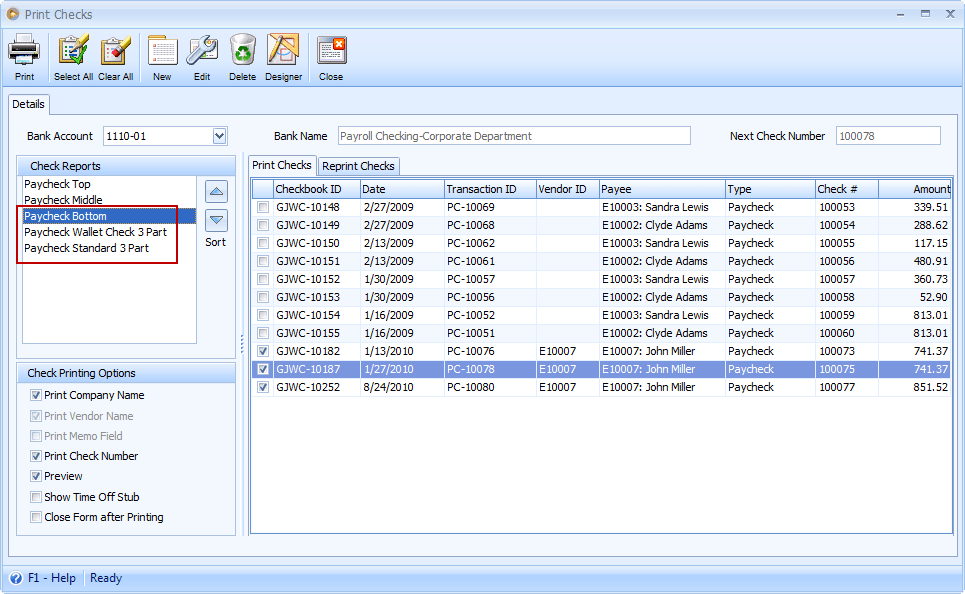 Payroll > Payroll Check Formats
