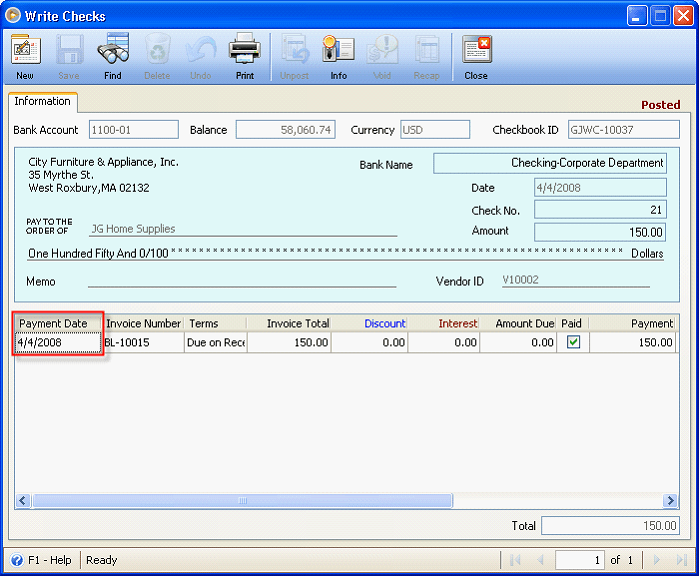 Banking > Payment Date Column in Write Check