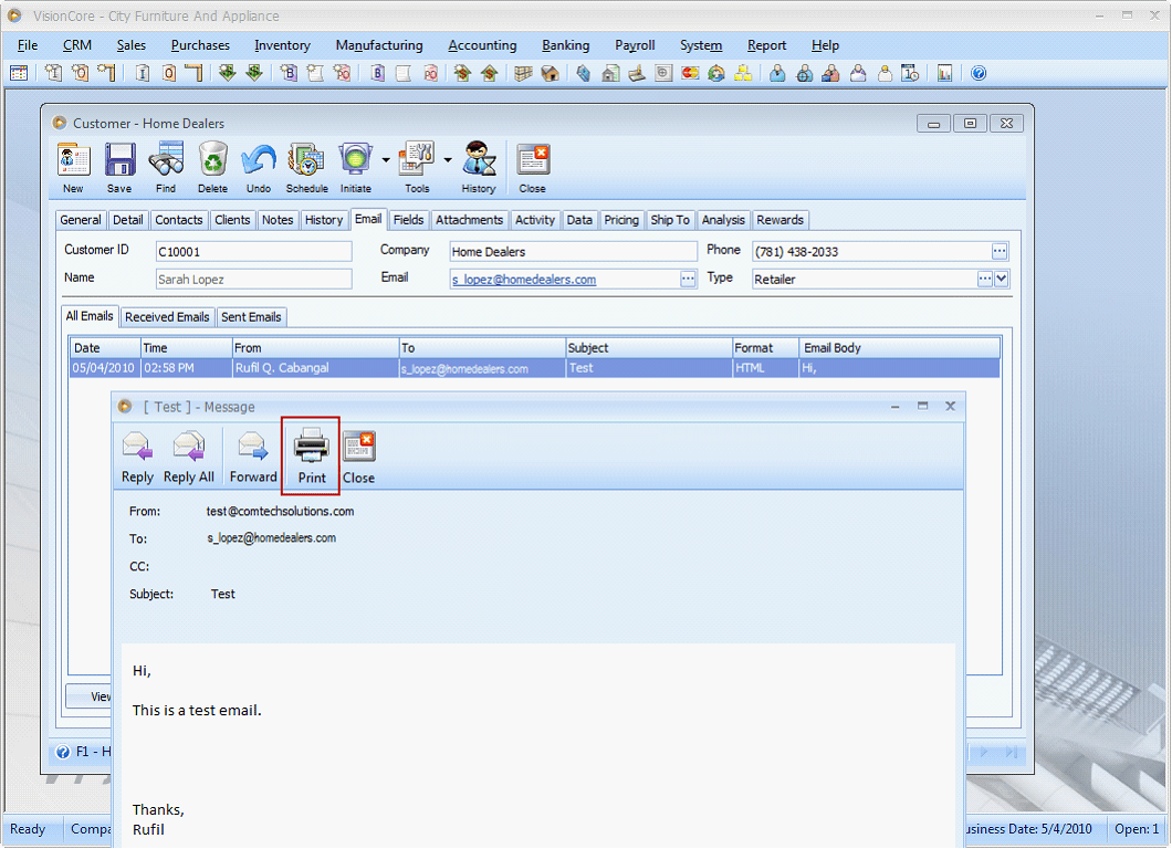 CRM > Ability to print emails from Email Tab