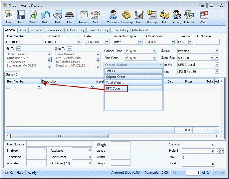 Sales > Bar Code/UPC Code in Order and Invoice forms