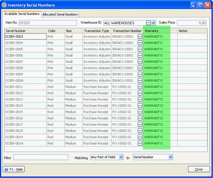 Inventory > Inventory Serial Numbers can display Warranty as one of the