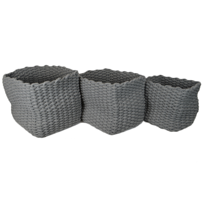 Woven cotton rope basket grey S/3