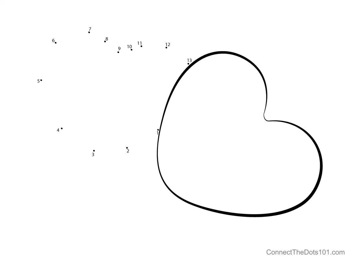 Connect Numbered Points for Heart dot to dot printable worksheet