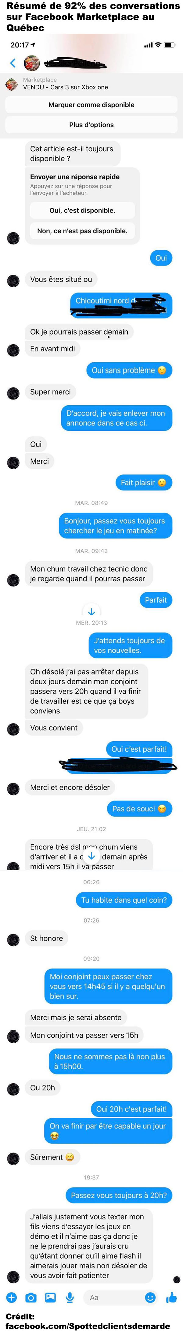Résumé de 92 des conversations sur Facebook Marketplace au Québec