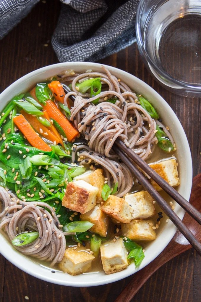 Miso Soba Noodle Soup with Crispy Tofu Connoisseurus Veg
