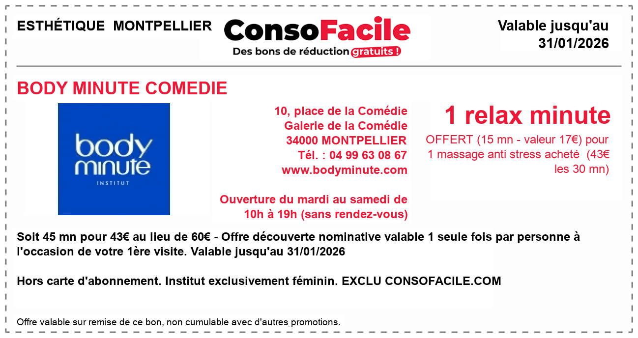 Bon de réduction BODY MINUTE sur ESTHÉTIQUE MONTPELLIER bons plans